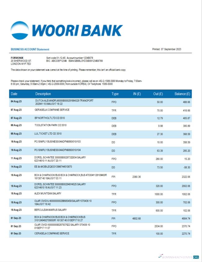Download Woori Bank business statement Word and PDF template Photoshop template